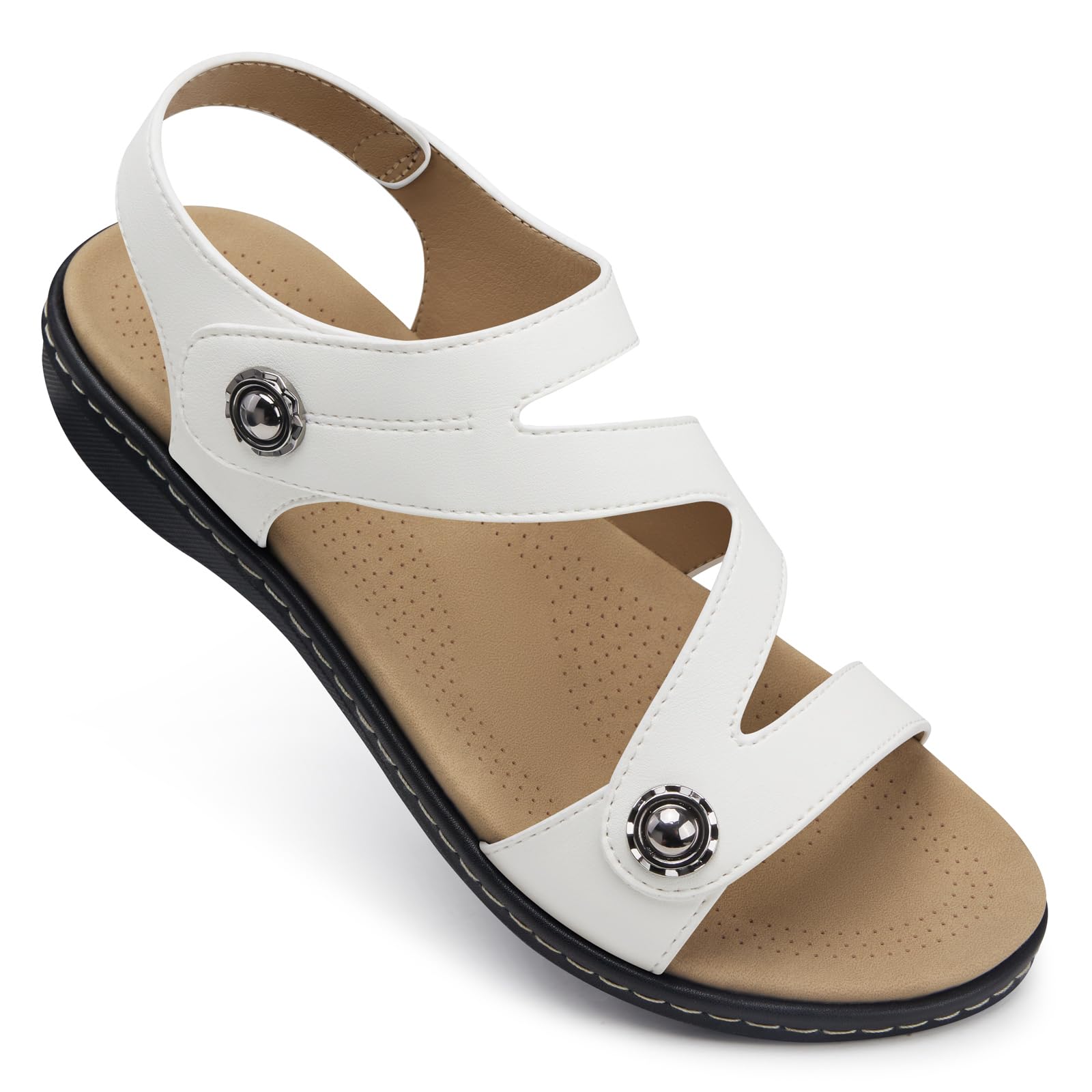 TEMOFON Womens Sandals Dressy Summer: Comfortable Walking Flat - Arch Support White Flat Sandals Size 5 Image