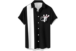 QIVICIMA Men's Retro Bowling Shirts 50s Vintage Button Down Color Block Active Shirts Flamingo Print
