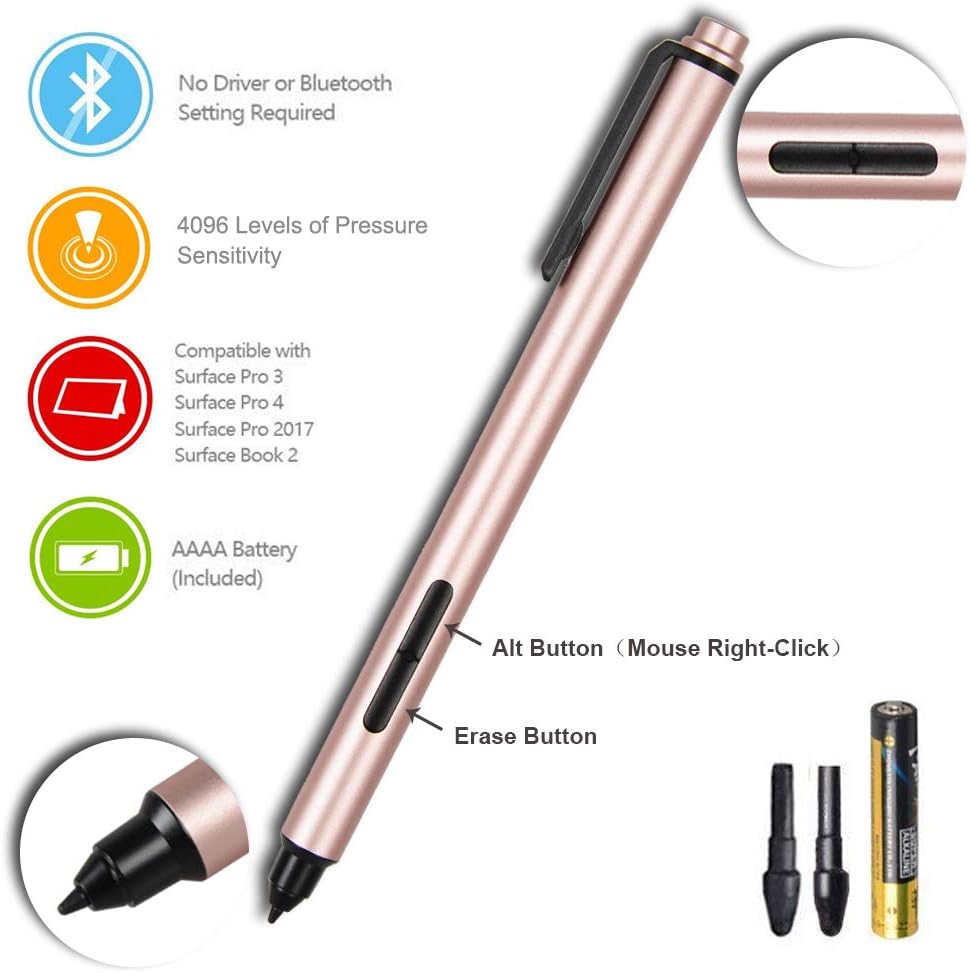 Pen for Surface Pro, Digital Stylus Pen Surface Pen for Microsoft Surface Pro 3 Pro 4 with 4096 Levels Pressure Eraser Function and 2 Tips- Rose Gold