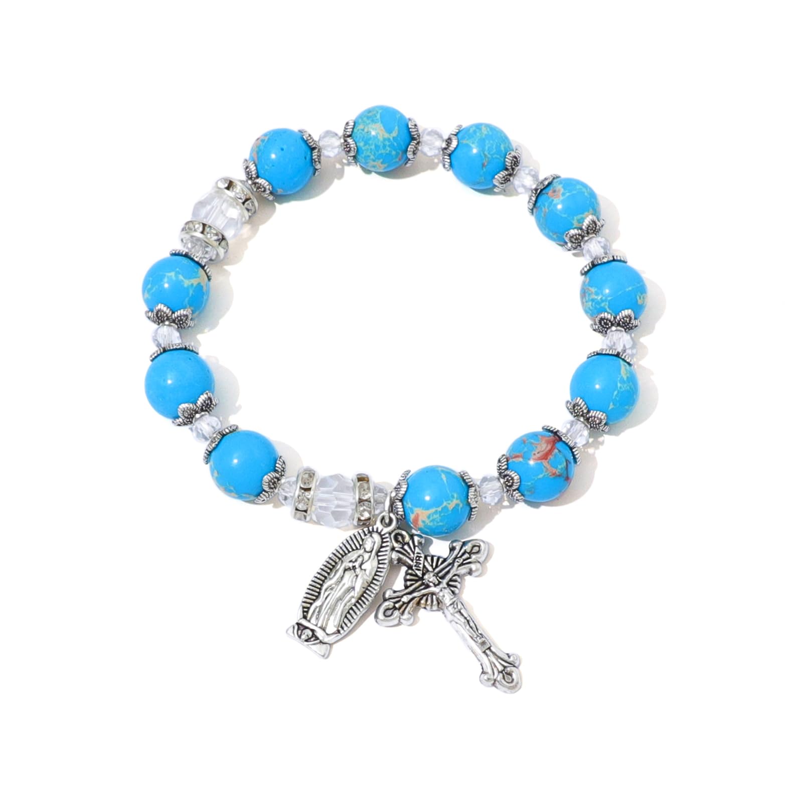 KOMI Gemstone Beaded Stretch Bracelet 8mm 10mm Beads Catholic Rosary Bracelet with Crucifix Cross, Beads Bracelet for Women Men Girls Catholic Religious Jewelry, Catholic Gifts for Women