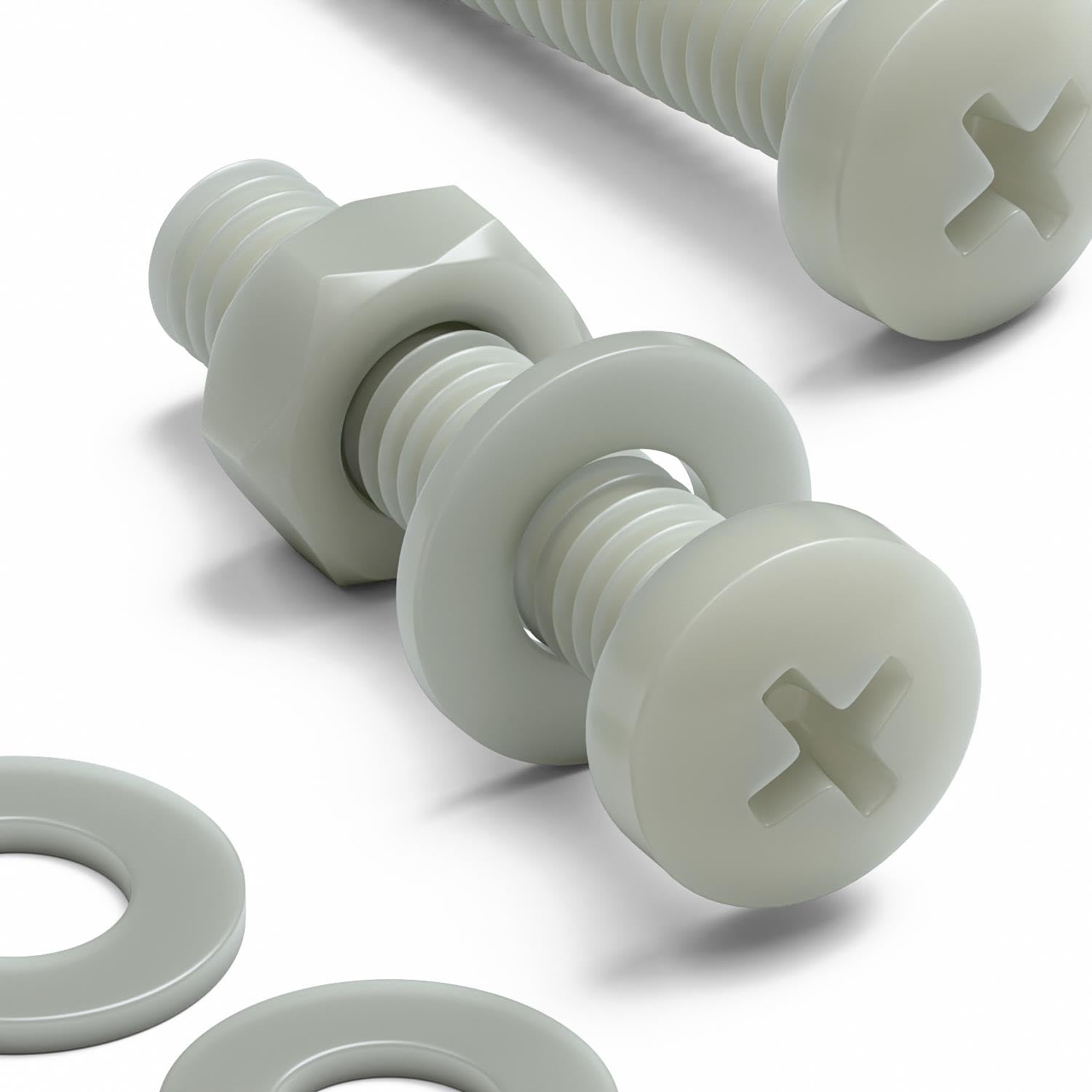 50 x Glass Filled Reinforced Super Nylon Pan Head, Crosshead Machine Screws, M4 x 20mm, Plastic Nuts and Bolts, Washers,