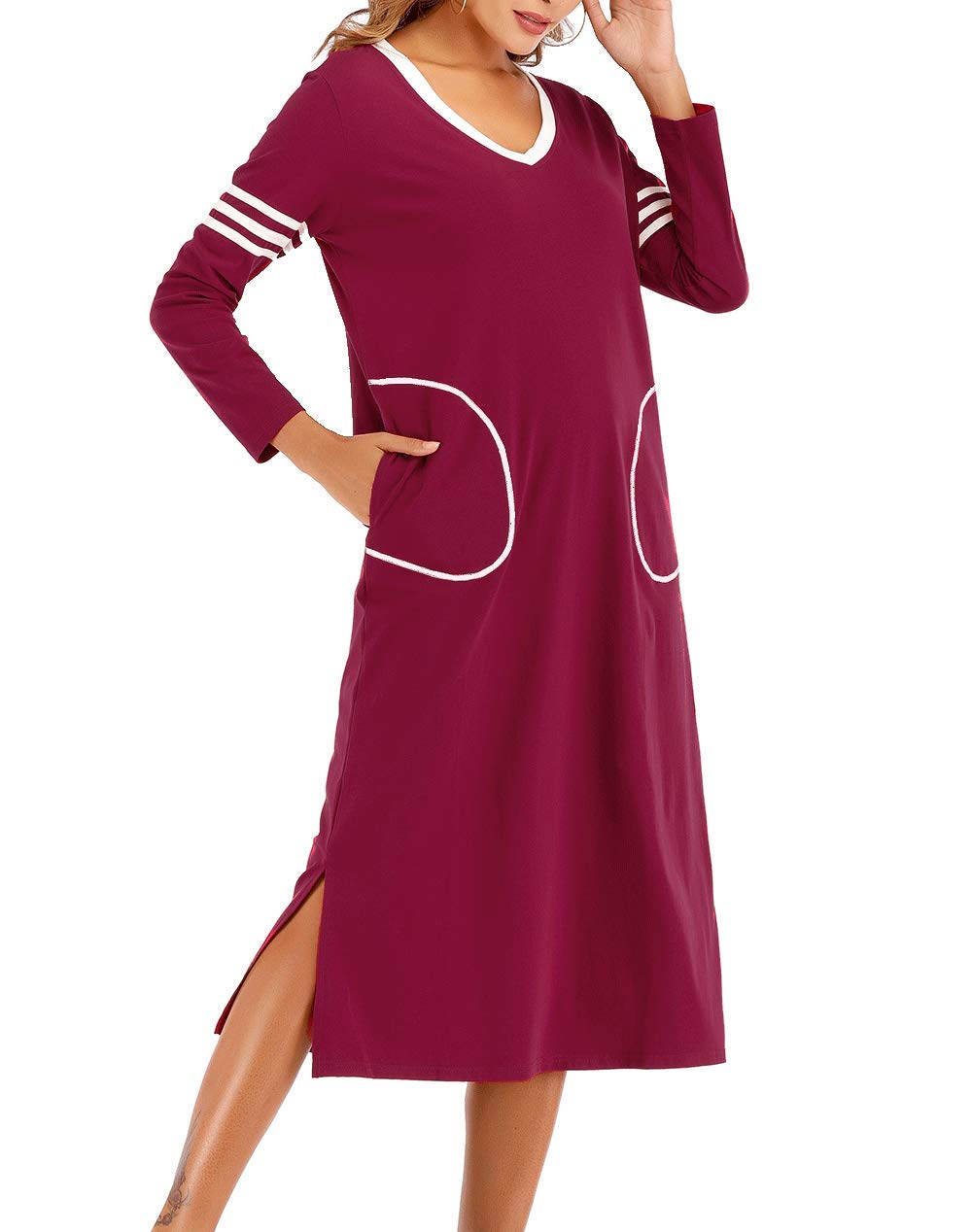 AOVXO Long Nightgown Womens V Neck Long Sleeve Nightshirt Ultra-Soft Cotton Fabric Split Hem Design with 2 Side Deep Pockets (Wine Red, 2XL)