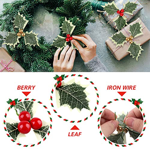 BigOtters Artificial Holly Berries with Green Leaves, 24PCS Gold and Red Holly Berry Flower with Leaves for Christmas Wreath Arrangement Cake Toppers Craft Wedding Party Home Gift Decorations