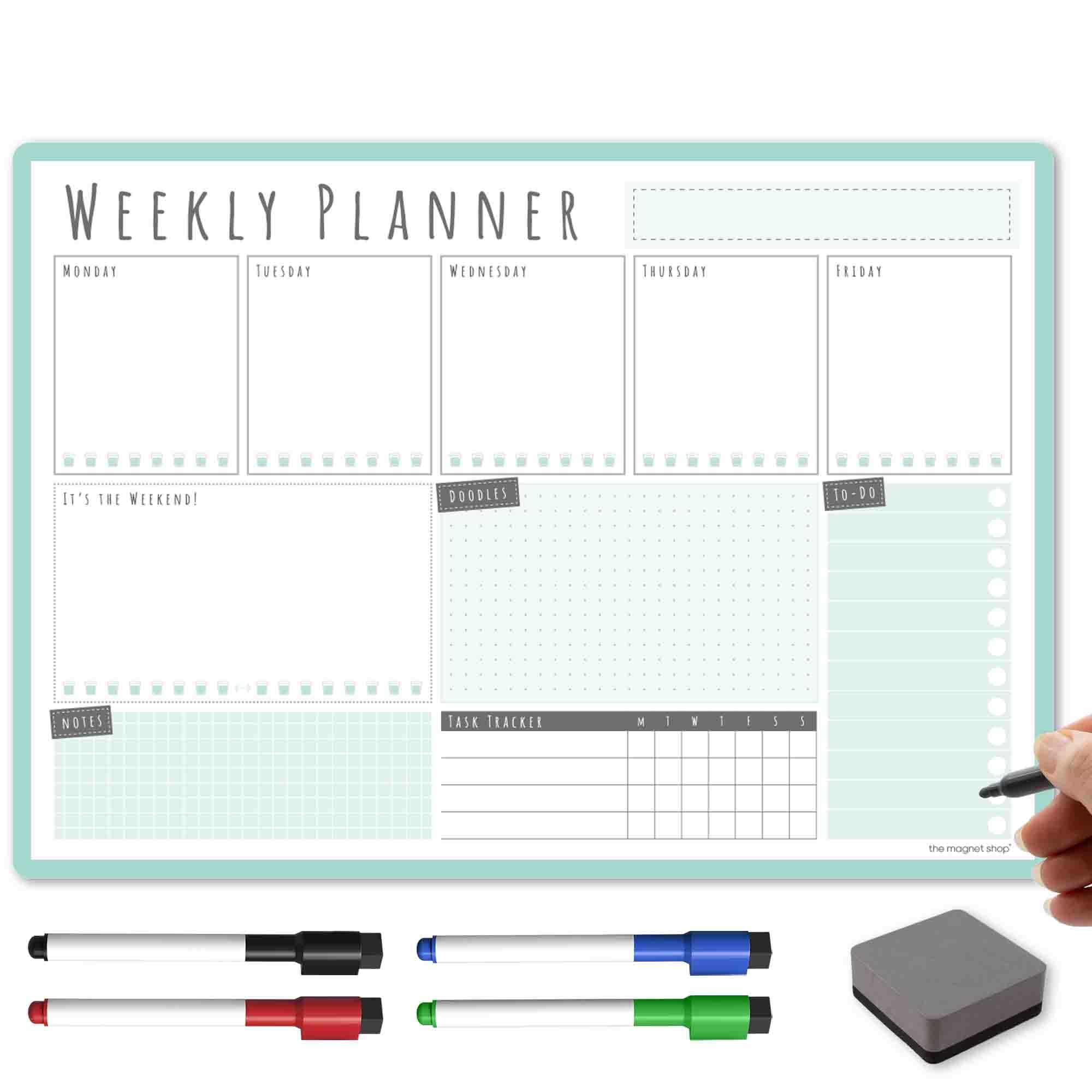 TMS A3 Weekly Planner Whiteboard | Magnetic Calendar for Fridge and Dry Wipe Pens | Meal or Family Planner for Kitchen (Mint, A3-Weekly)