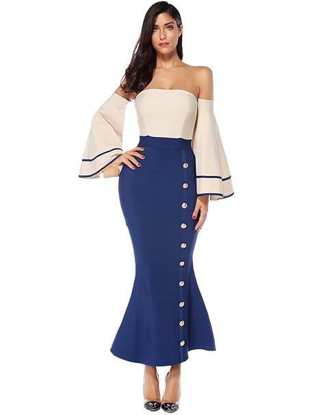 Meilun Womens Fluted Long Sleeve Full Length Evenig Party Bodycon Bandage Dress