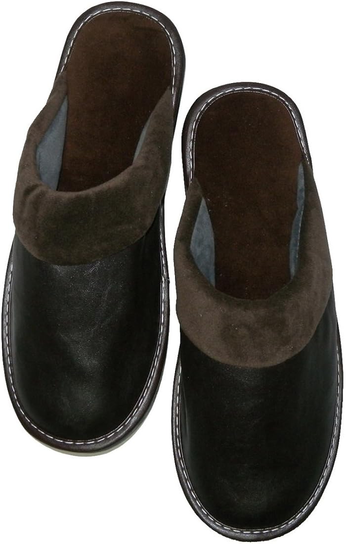 Mens Open Back Lounge / House Slippers with Leather Toe and Suede Sole Black