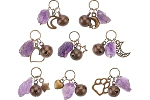 DELORIGIN 8pcs Natural Amethyst Pet Collar Charms Moon Star Heart Pet Collar Bells Crystal Jewelry Bell Charms with Alloy Pendants for Cat Dog Rabbit Necklace DIY Keyring Pendants Bag Decor