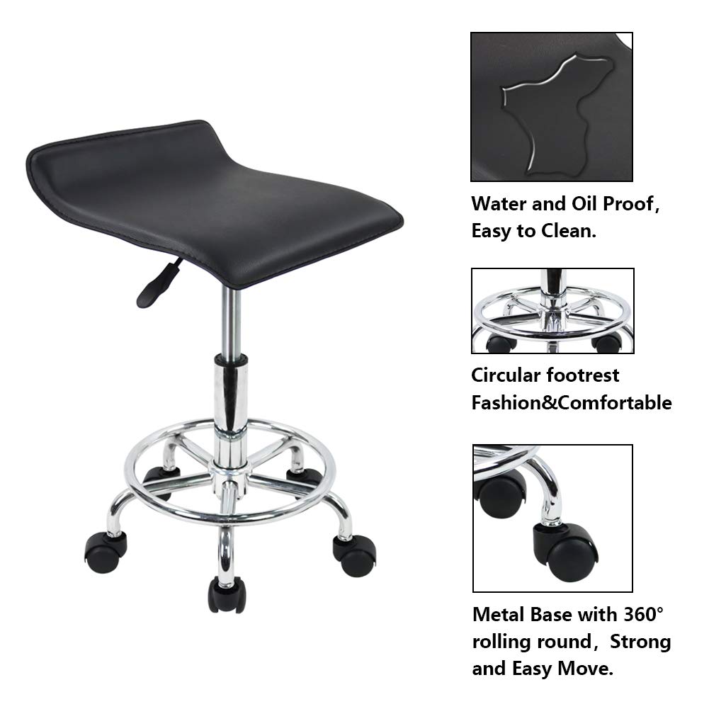 KKTONER Square Height Adjustable Rolling Stool with Foot Rest PU Leather Seat Cushion Medical Spa Drafting Salon Tattoo Work Swivel Office Stools Task Chair Black: Beauty