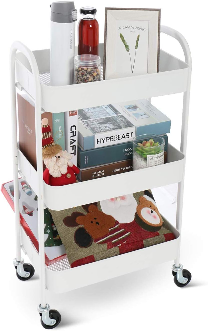 YOURLITE White 3-Tier Rolling Cart Storage - Metal Utility Service Trolley Kitchen Bathroom Shelves With Wheels, Beauty Salon Cart, Suitable for Home Office (White)