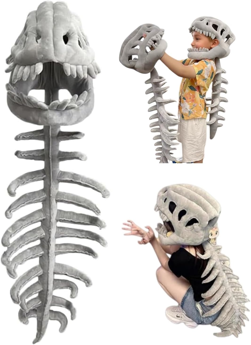 Silly Dino Plush Skeleton Dinosaur Skeleton Costume with 3D Spinosaurus Skull Mask for Dress-Up Party Fun