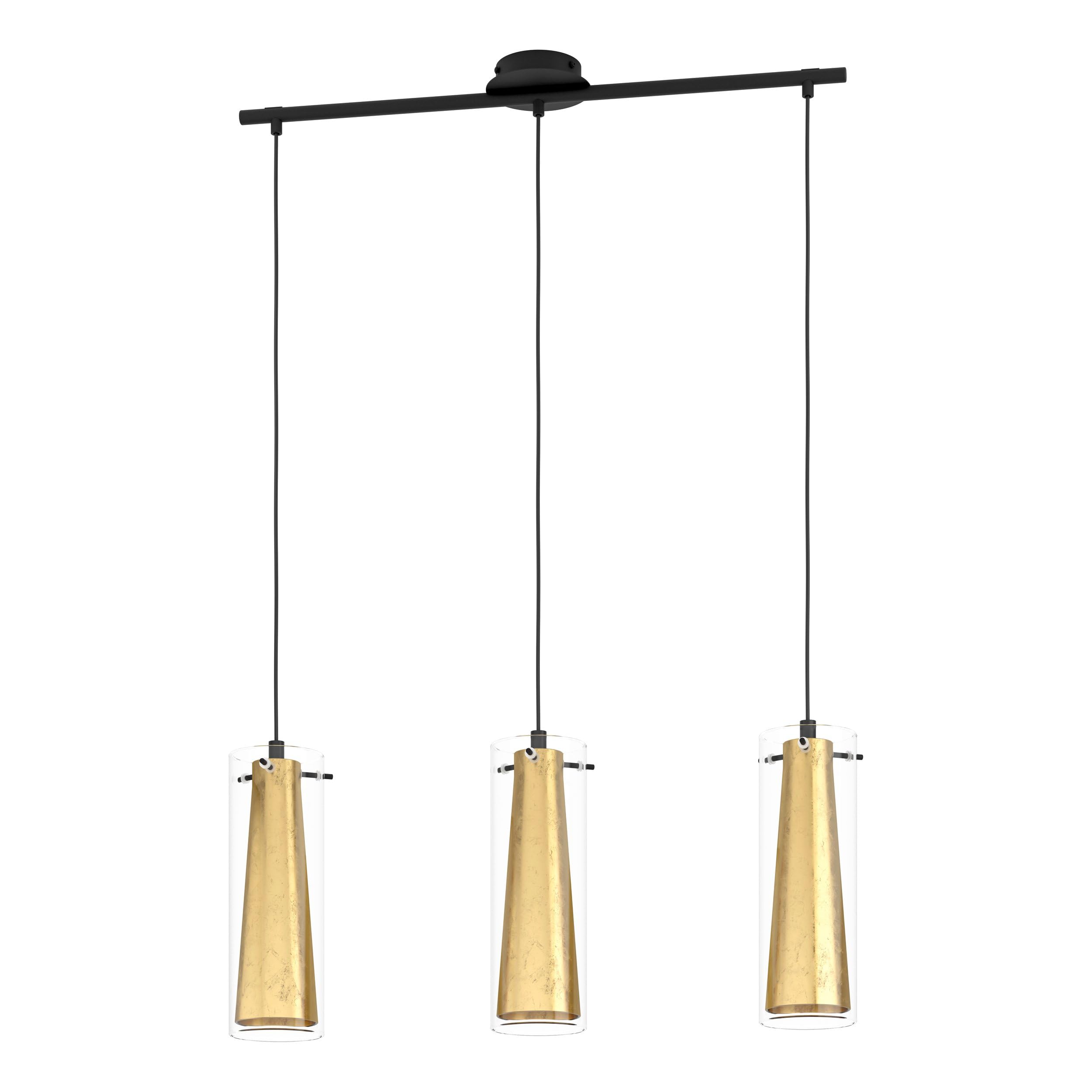 Eglo Pendant Lamp Pinto Gold, 3-Light Suspension, Dining Room Light in Black Metal and Transparent Gold Glass, E27 Socket
