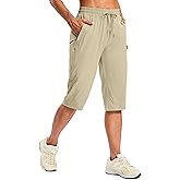 SANTINY Women's 15" Long Shorts Below The Knee Capri Hiking Cargo Shorts Lightweight Quick Dry Elastic Waist for Casual