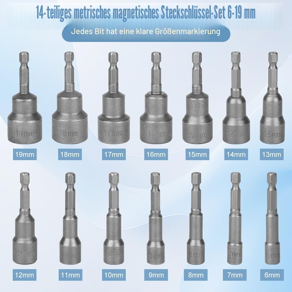 imatenn 14 Stück Steckschlüssel Set 1/4, 6-19mm Nuss Set Magnetisches Sechskant Stecknuss set für Akkuschrauber, Schlagschrauber Nüsse mit Magnet Steckschlüsselsatz 1/4" zoll Bit Set 3