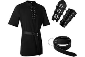 Jeyiour 3 Pcs Renaissance Costume Men Medieval Viking Tunic Knight Costume Faux Leather Arm Guards and Belt Viking Shirts