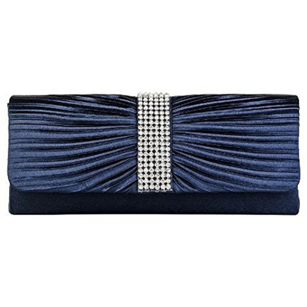 Eleoption Womens Satin Diamante Ladies Pleated Bow Wedding Bridal Prom Handbag Clutch Bag, Navy Blue, XL