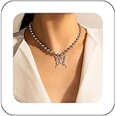Andelaisi Boho Butterfly Pendant Necklace Silver Hollow Butterfly Choker Necklace Large Butterfly Necklace Choker Vintage Bead Chain Necklace Jewelry for Women