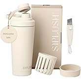 SIPLUSH Paradise Shaker Bottle 24 oz, Insulated Stainless Steel Protein Shaker, Dishwasher Safe, with Lid Brush & Protective Boot, Leakproof Twist-Off Chug Cap, Warm Gray, Joshua Dusk