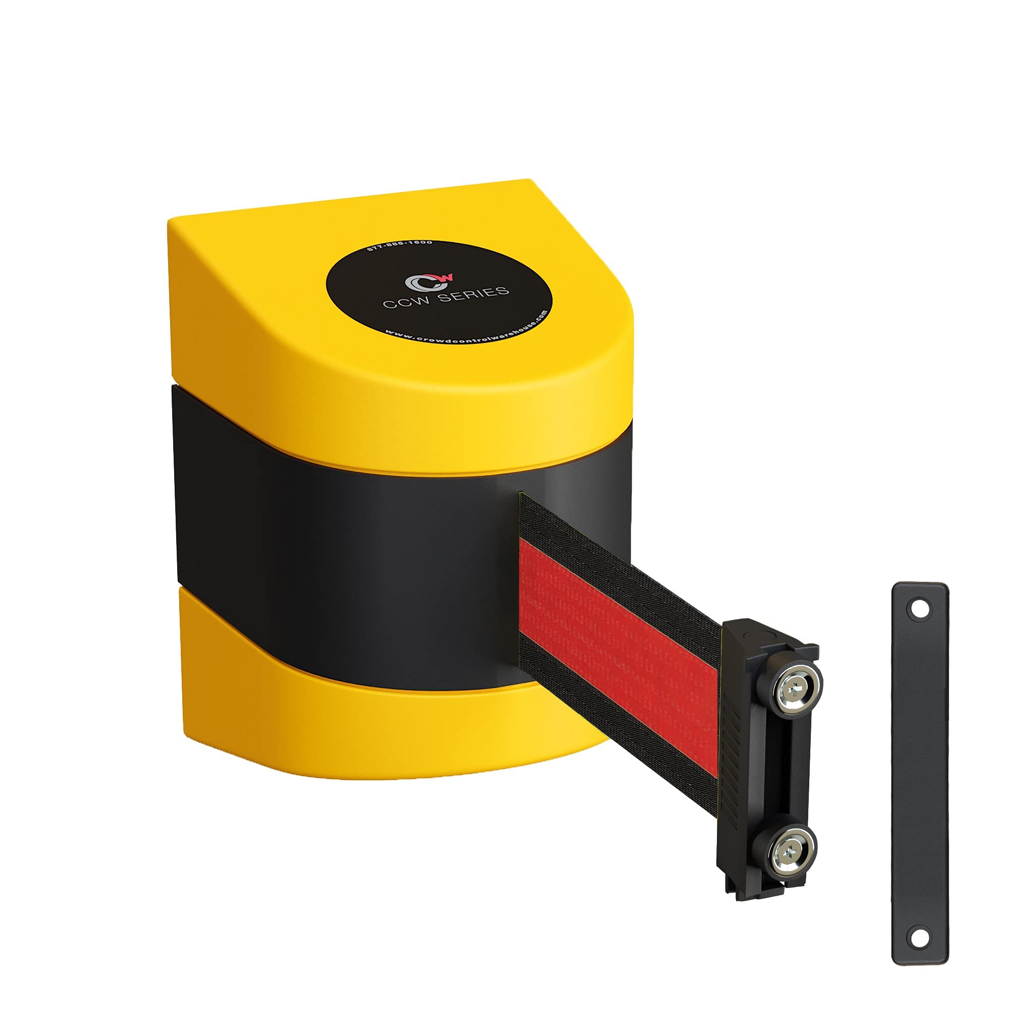 Crowd Control Warehouse – CCW Series WMB-220 Magnetic Wall Mount Retractable Belt Barrier – 15 Foot, Black Horizontal Red Stripe Belt with Yellow ABS Case