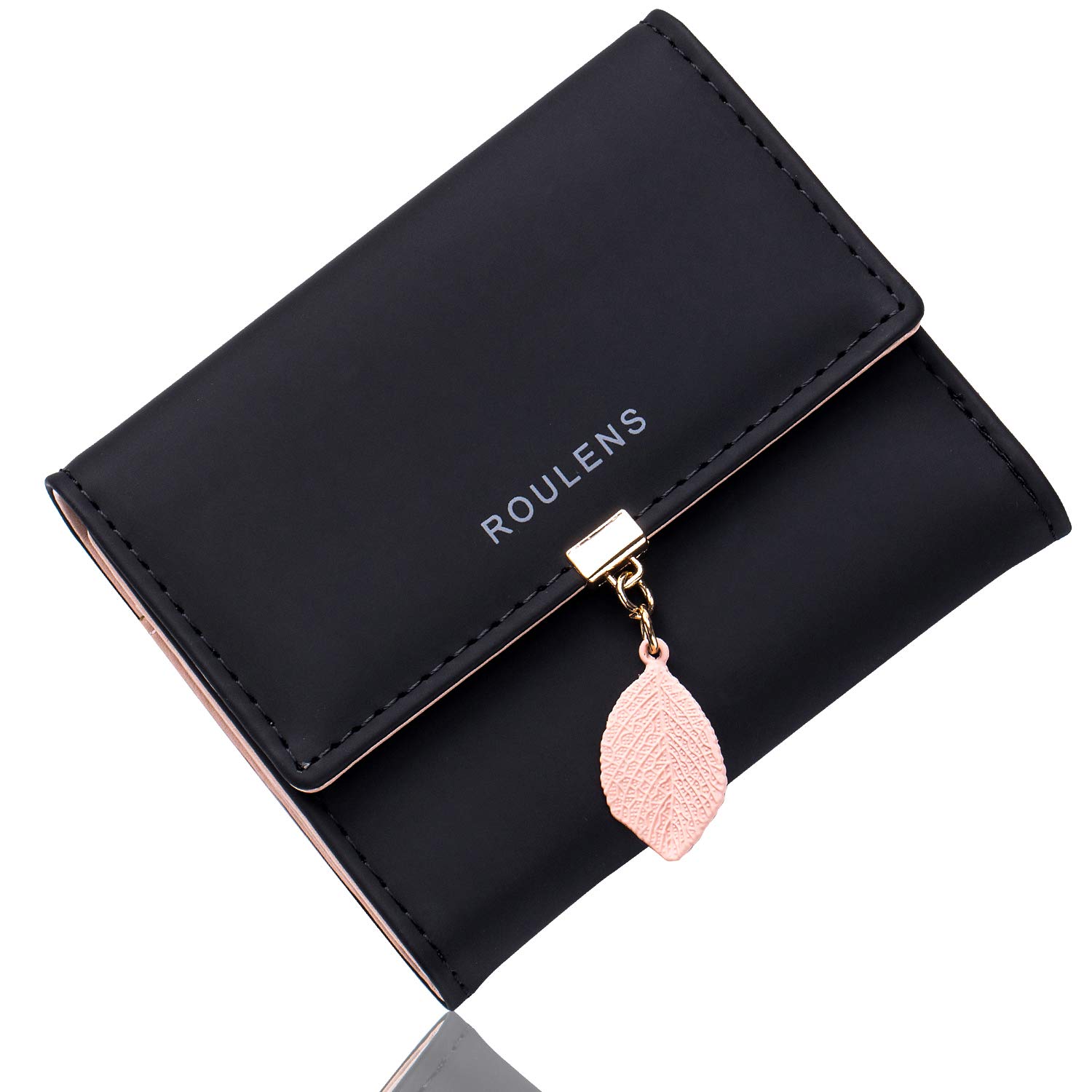 Roulens Ladies Purse, RFID Blocking PU Leather Wallet for Women Leaf Pendant Zipper Coin Purse with Multiple Card Slots and Roomy Compartment