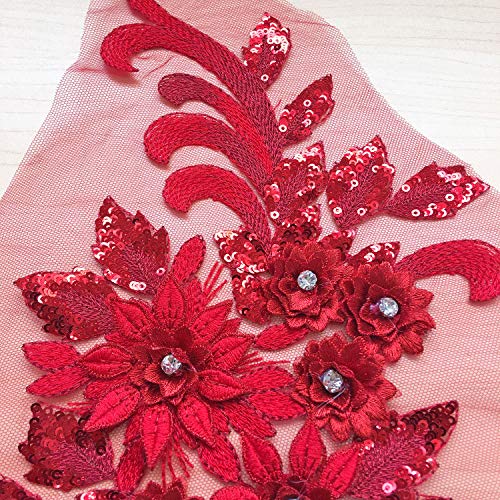 Exquisite 3D Flower Applique Beaded Sequined Crystal Floral Lace Patch Appliques Red Motif for Lyrical Dance Dress Craft Projects - Thumbnail 3