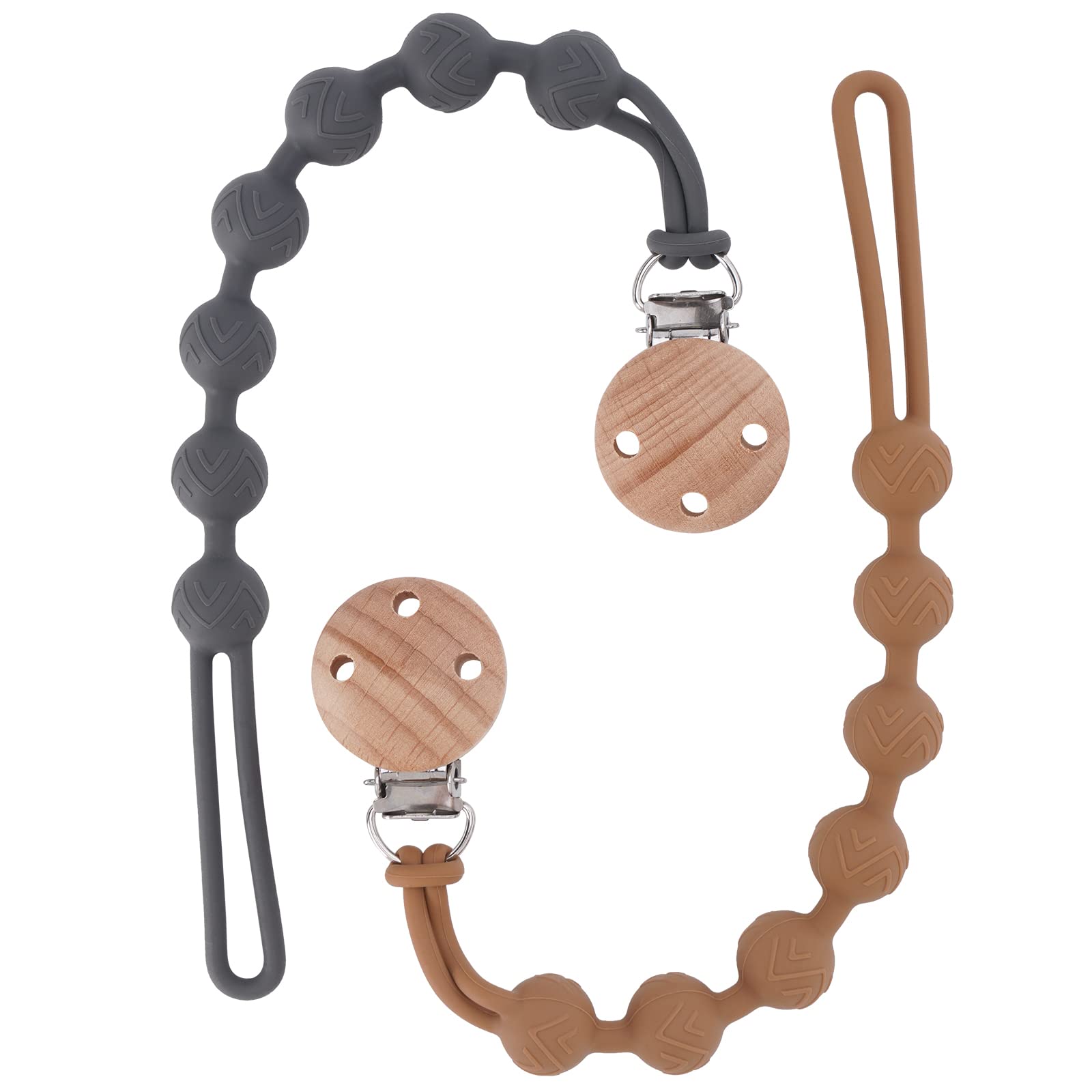 Silicone Dummy Clip for Baby Boys and Girls, One Piece Pacifier Clips, Wooden Soother Clips Design, Fits Most Pacifiers and Teething Toys, 2 Pack (Clay+Dark Grey)