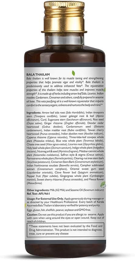 Kerala Ayurveda Bala Thailam - Ayurvedic Daily Massage Rejuvenative Oil for Body - Strengthens & Tones Muscles & Balances Vata, 6.8 Fl Oz: Health & Personal Care