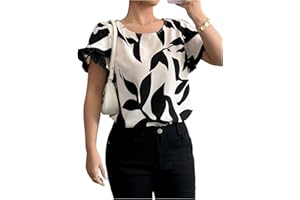 GORGLITTER Women's Floral Ruffle Petal Short Sleeve Blouses Crew Neck Trendy Dressy Casual Boho Blouse Shirts