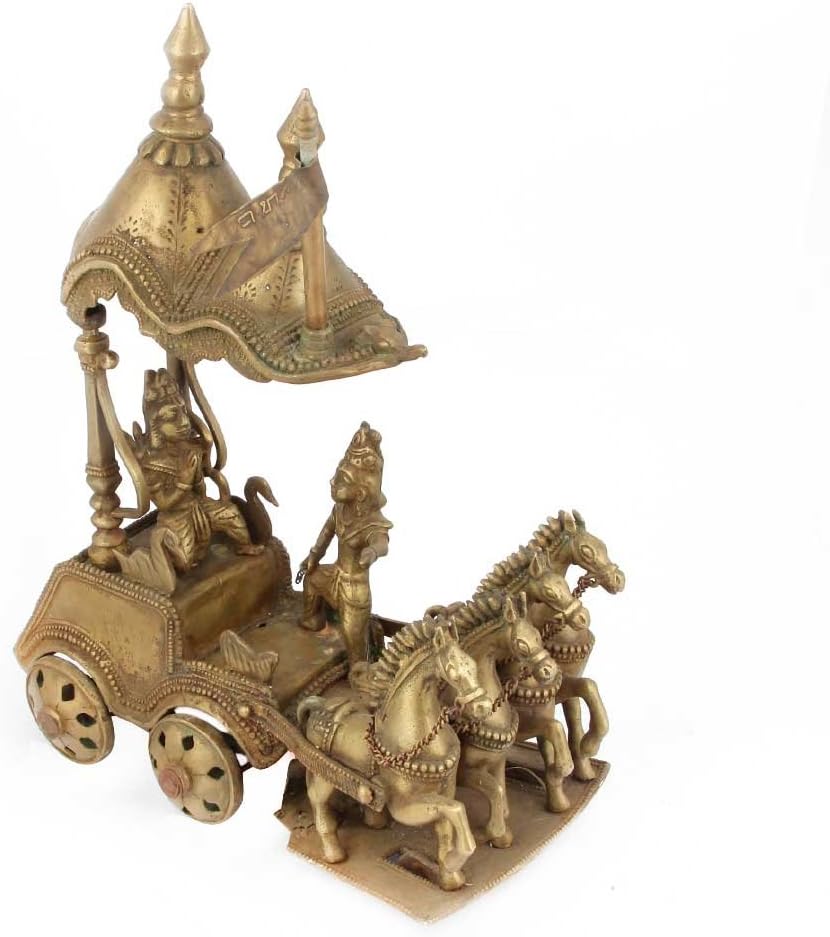 IndianShelf Vocalforlocal Handmade Golden Brass Lord Krishna & Arjun Rath Chariot Pack Of 1 Statue Statement Pieces Decor Gift Items