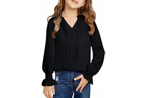DOKOTOO KIDS Girls Cute Long Sleeve Chiffon Blouses 2025 Casual V Neck Smocked Cuffs Shirts Tops 7-15 Years