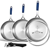 Inqibee 8.5-10-12 Inch Tri-Ply Stainless Steel Frying Pan set of 3 with a Lid,Skillets,Induction Cooking Pans,Pots and Pans Set,Oven and Dishwasher Safe,Detachable Handle.