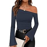 ZESICA Women's Off Shoulder Tops Bell Long Sleeve Shirts 2026 Spring Trendy Going Out Ruched Tight Fitted Y2K Clothes