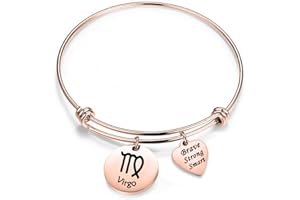 bobauna Rose Gold 12 Zodiac Signs Stainless Steel Expandable Wire Bangle Bracelet Birthday Gift for Her