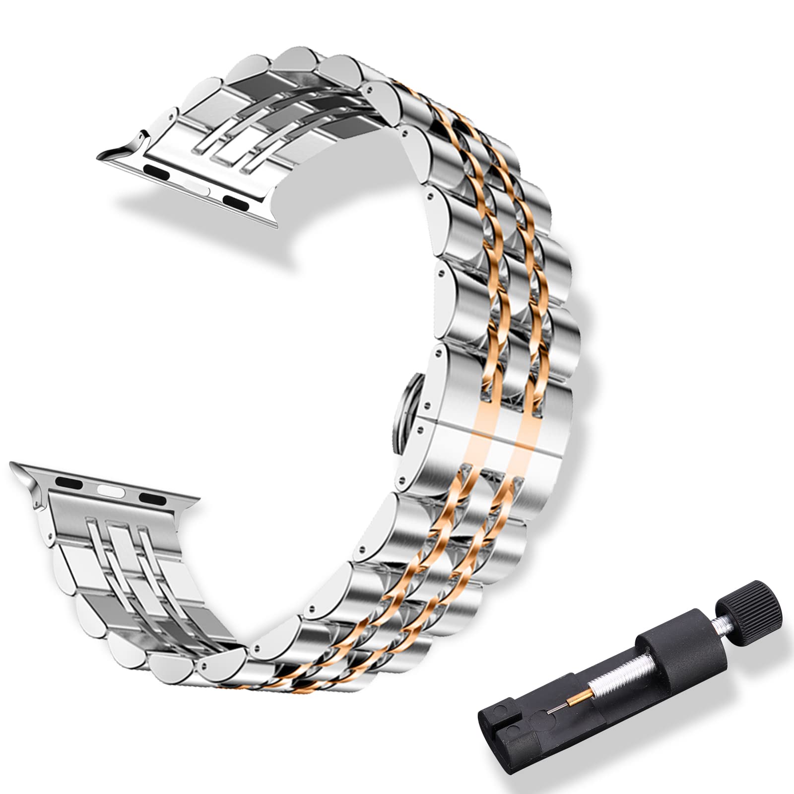 RoYiio Metal Strap for Apple Watch 42mm/44mm/45mm/46mm/49mm Strap Stainless Steel Replacement Bands for Apple Watch Ultra 3/2/1, SE 3/2/1, Series 11/10/9/8/7/6/5/4/3/2/1 - Silver Rose Gold
