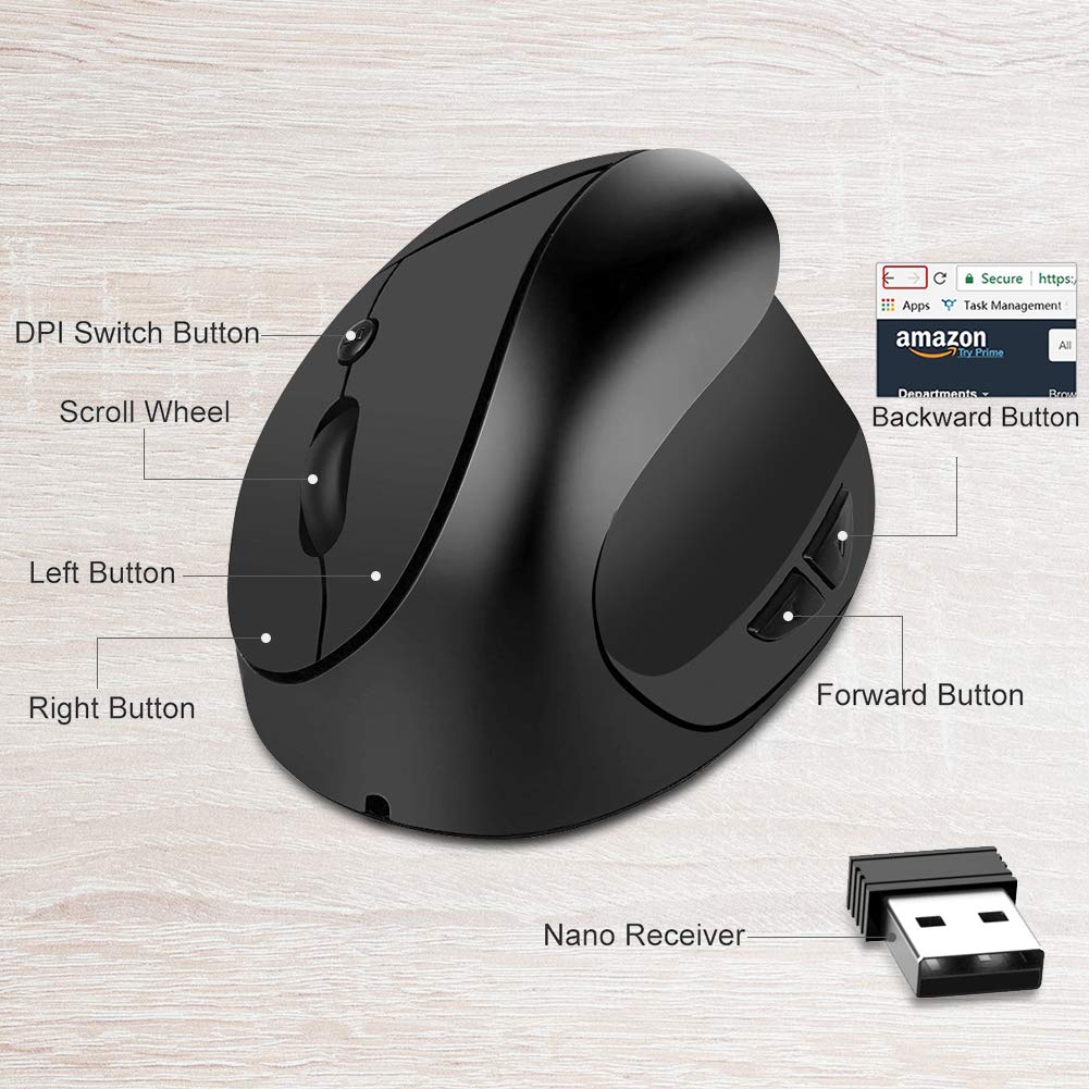 Ergonomic Mouse,Vertical Wireless Mouse, Rechargeable 2.4G Optical Vertical Mouse, 3 Adjustable DPI Levels, 6 Buttons Laptop, PC, Computer, Desktop, Notebook 【Small Hands】- Black