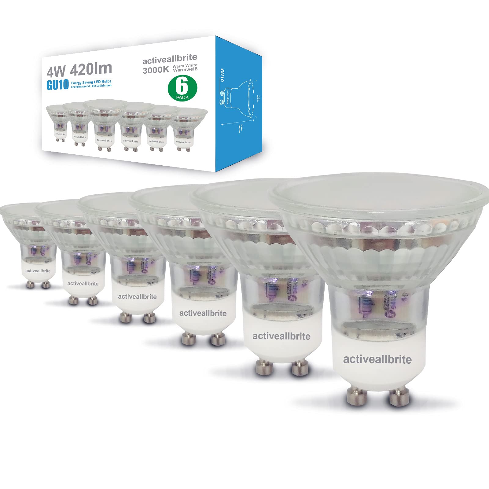 activeallbrite Gu10 LED Bulbs, 4W LED sportlight 420 Lumen Replaces 50W Equivalent, 3000K Warm White, 180° Wide Angle, Non-dimmable, Pack of 6