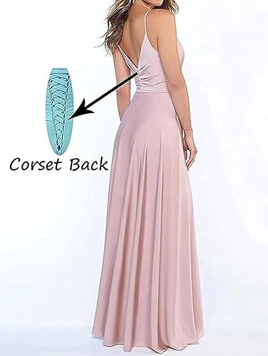 Lindo Noiva Peach Bridesmaid Dresses Wedding Satin Prom Dresses 2025 High  Split Spaghetti Straps V Neck Formal Maid of Honor Dress for Wedding Guest  Size 22 in Saudi Arabia