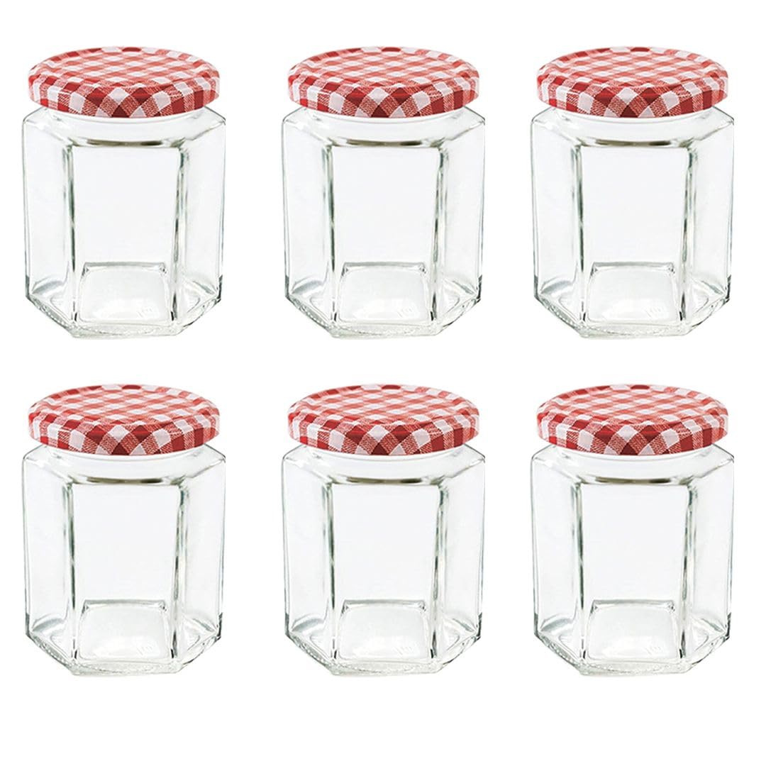 NBBENG Glass Jam Jars Glass Preserve Pots with Screw Top Red Gingham Lids, Hexagonal Storage Glass Jars | Clear Airtight Jar for Kitchen Spices Honey or Sweets (6)