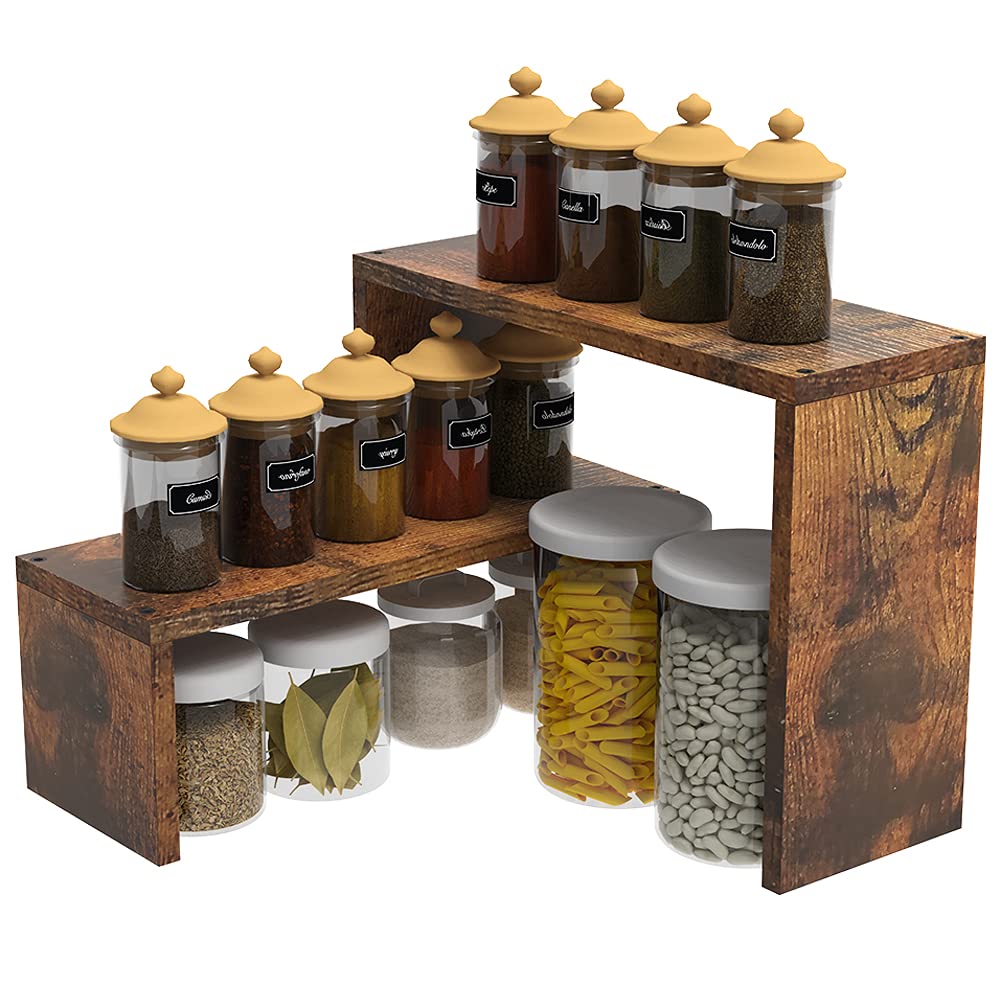 VEDECASA 2 Tier Stackable Expandable Corner Spice Rack for Kitchen Countertop Cabinet & Pantry Organizer Rustic Brown Wooden Corner Shelf Rack for Desktop Storage