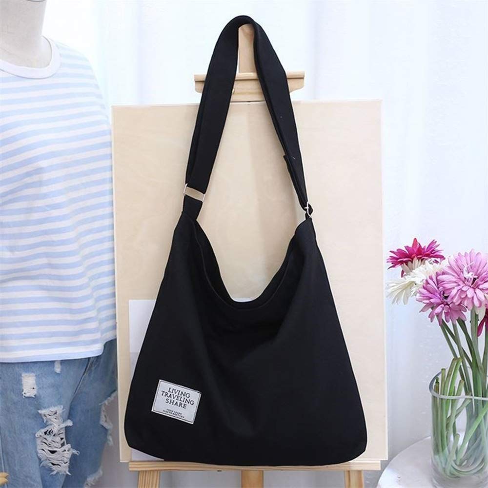 Black Women\'s Canvas Hobo Handbags Simple Casual Top Handle Tote Bag Crossbody Shoulder Bag Shopping Work Bag Crossbody Bags Women Canvas Tote Bag Canvas Messenger Bag Lightweight Crossbody Purse