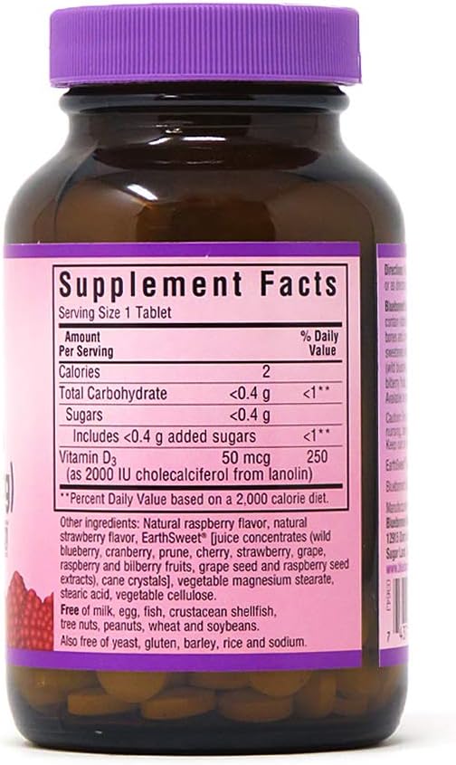 Bluebonnet Nutrition Earth Sweet Vitamin D3 2000 IU Chewable Tablets, Aids in Muscle and Skeletal Growth, D3, Non GMO, Gluten, Free, Soy Free, Milk Free, Kosher, 90 Chewable Tablets, Raspberry Flavor: Health & Personal Care