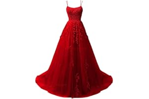 CWOAPO Spaghetti Straps Long Prom Dresses 2025 Ball Gown Lace Appliques Tulle Prom Dress with Pockets Wedding Gowns for Women