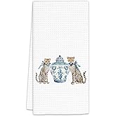 FIicy Blue and White Porcelain Leopard Kitchen Towels, Chinoiserie Cheetah Decor Dish Towels, Preppy Decorative Hand Towels for Bathroom Kitchen,Chinoiserie Leopard Bathroom Kitchen Decor(16x24 Inch)