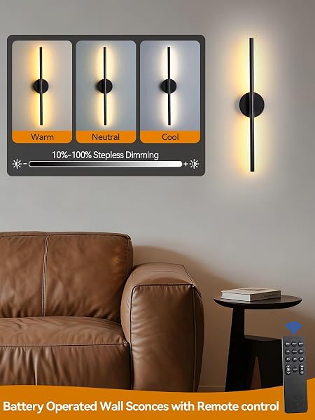 BATTERY OPERATED WALL SCONCES SET OF 2, MODERN WIRELESS WALL LIGHTS WITH REMOTE & TOUCH CONTROL, 24 INCH BLACK DIMMABLE RECHARGEABLE LED SCONCE WITH 3 COLORS & TIMER FOR BEDROOM, LIVING ROOM, HALLWAY