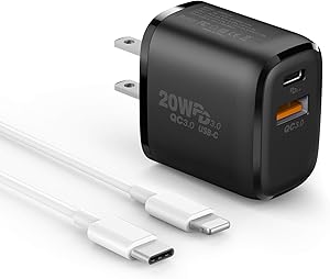 iPhone 12 Charger【Apple MFi Certified】, 20W Dual Port Wall Charger Plug with 3.3ft Cables, PD/QC 3.0 USB C Fast Charger Power Adapter for iPhone 12/ Mini/Pro Max/11/11 Pro Max/Galaxy/Pixel(Black)