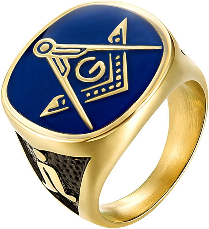 EZSONA Men's Stainless Steel Gold Plated Freemason Symbol Masonic Rings