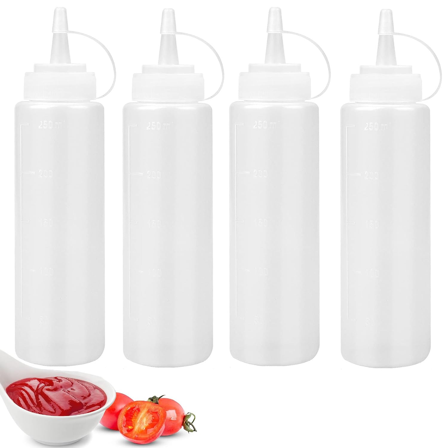 4 Pcs Squeeze Sauce Bottles 8oz Plastic Squeezy Bottle with Nozzles 250ML Reusable Condiment Bottles with Cap Dispensing for Oil, Cooking, Baking, BBQ, Chilli Sauce, Mayonnaise