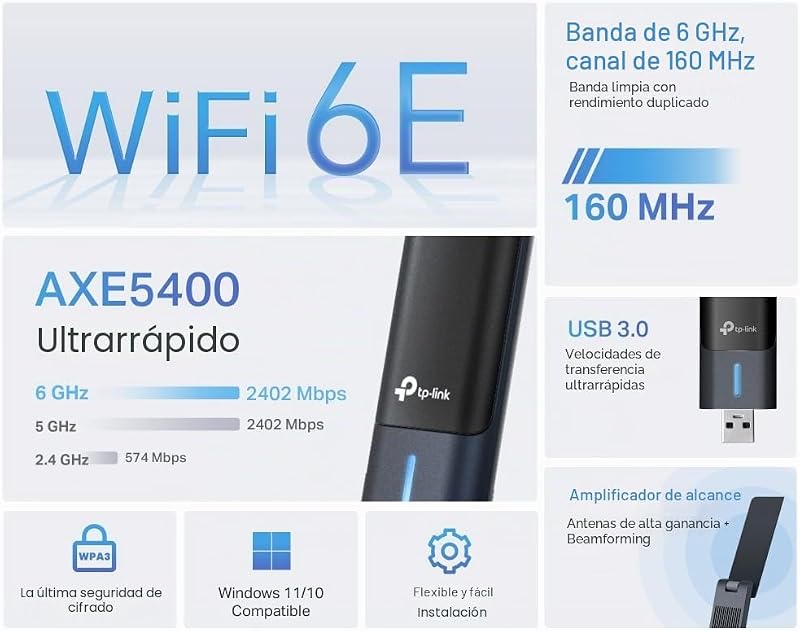 Archer TXE70UH - Adaptador WiFi USB, 2402 Mbps, WiFi 6E, USB 3.0