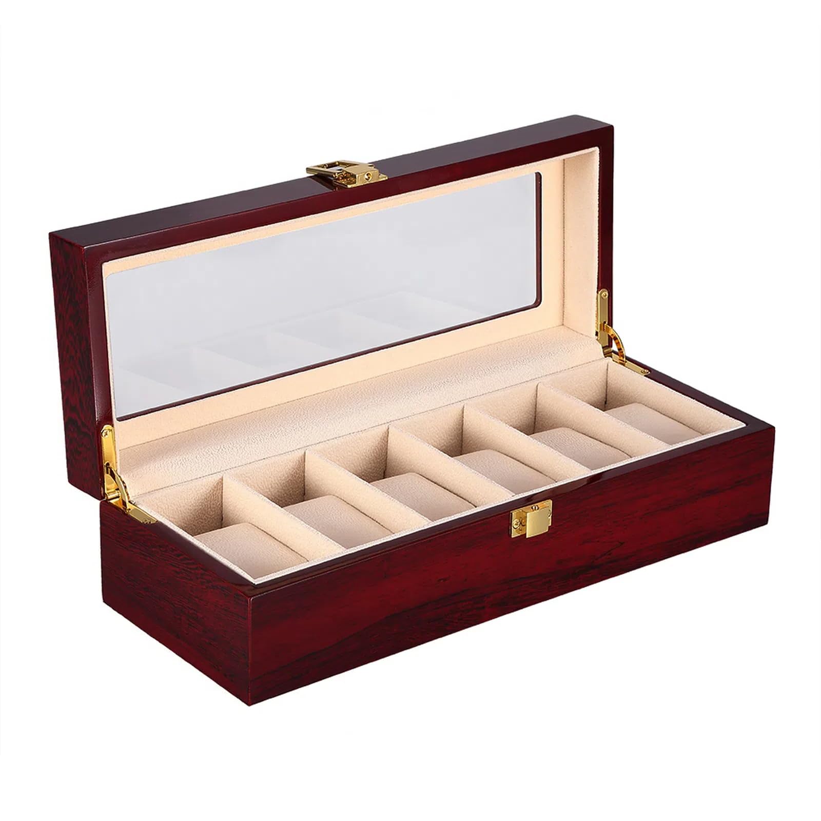 Uten Watch Box 6 Slots, Solid Wood Watch Case, Watch Display Storage Box with Glass Lid, Removable Watch Pillows, Metal Clasp, Claimond Veins Lining, Gift Idea for Men and Women
