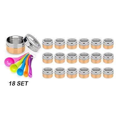 Stainless Steel Magnetic Spice Jars - Bonus Measuring Spoon Set - Airtight Kitchen Storage Containers - Stack on Fridge to Save Counter &amp; Cupboard Space - 18pc Organizers in Gold