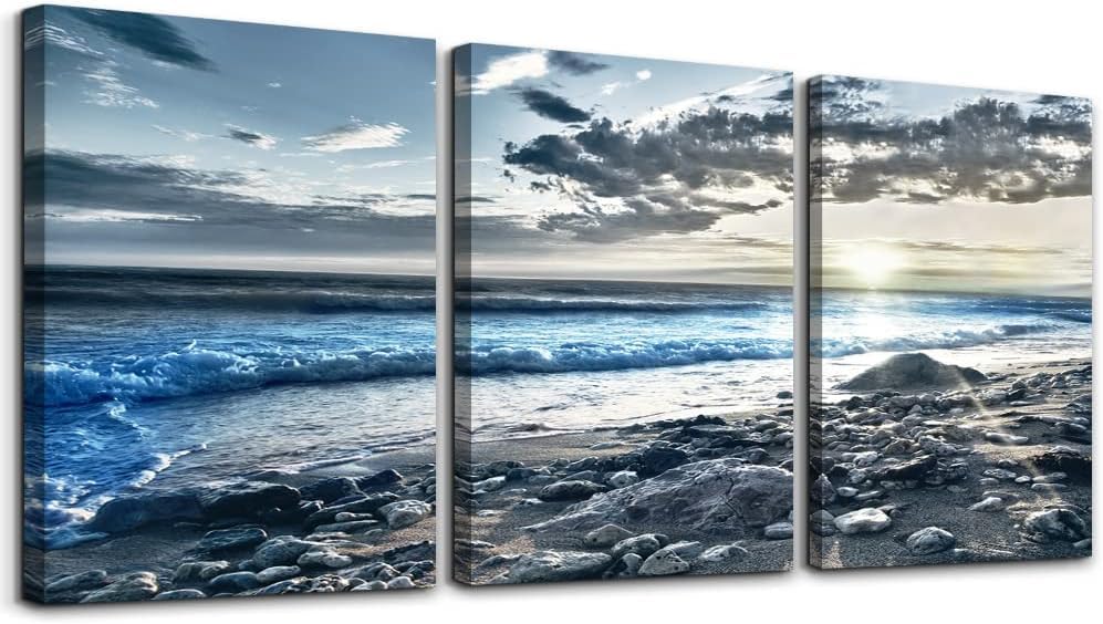MHARTK66 Sunrise Canvas Wall Art for Living Room, Blue Beach Artwork Modern Art Sea Ocean Bathroom Pictures Bedroom Wall Decor, Family Prints Paintings Wall Decoration Hallway Office